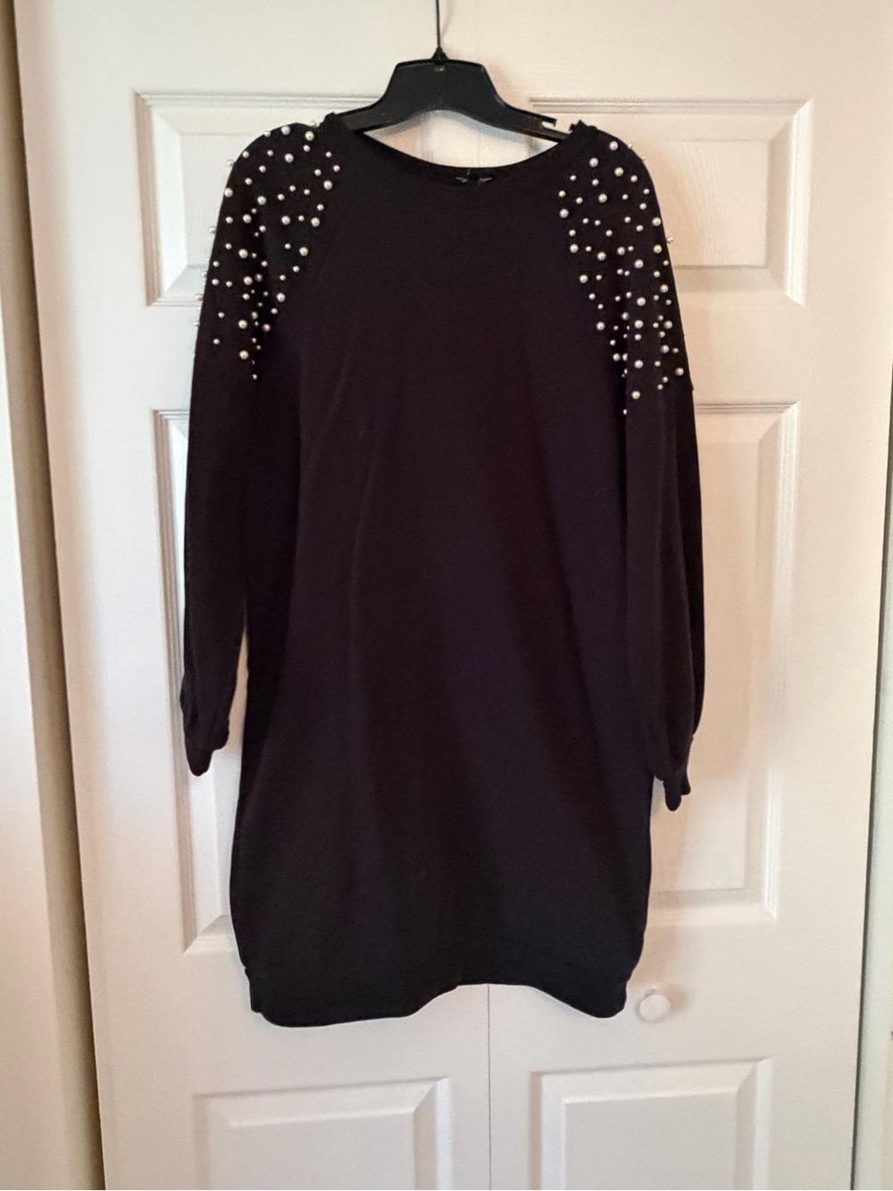 Express Black Pearl-Embellished Long Sleeve Dress